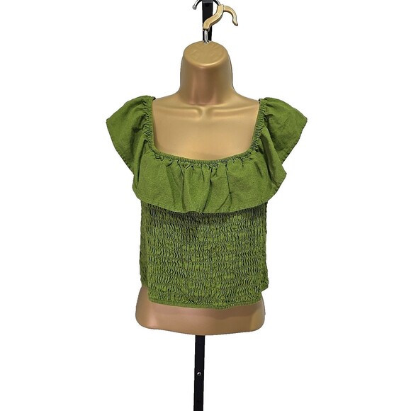 Monteau Tops - Monteau Ruched Crop Top Womens XL Green Linen Blend Ruffle Stretch Off Shoulder